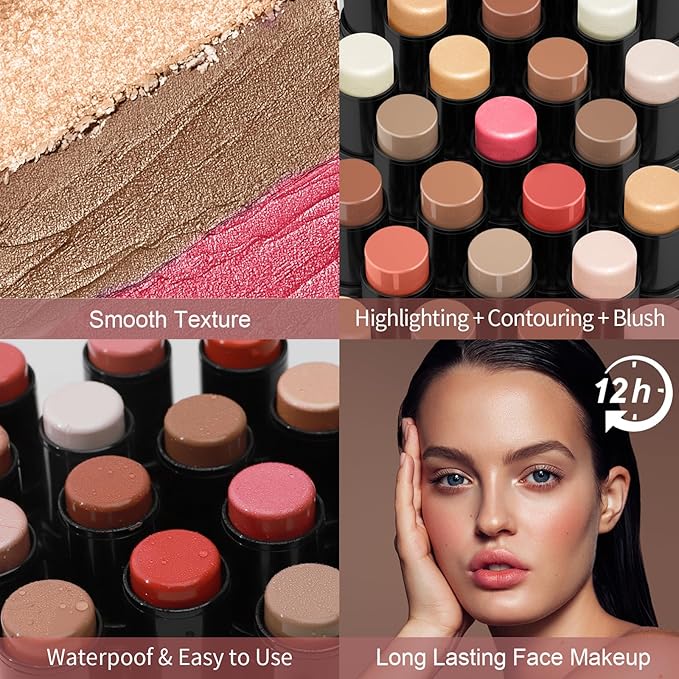 3 Pcs Face Contour Stick Kit, Matte Finish Face Stick Trio with Bronzer Blush Highlighter and Brush, Long Lasting Waterproof Cream Beauty Wand Makeup Set for Sculpt Glowing Face Look (#5, 6, 15)