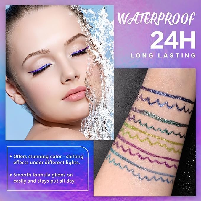 Chameleon Metallic Duochrome Liquid Eyeliner, Color Shifting Shimmery Eye Liner, Duo-color Waterproof Long Lasting Glitter Eye Makeup Pen Eyeliners (Aurora Glow)
