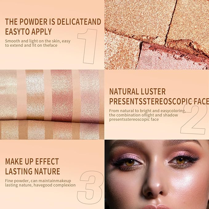 Highlighter Powder Palette, 5 Colors Makeup Palette Contour Palette Eyeshadow Makeup Kit Waterproof Long Lasting Brilliant Lighten Skin Color Professional Versatile Face Shading Set(1, brown, Large)