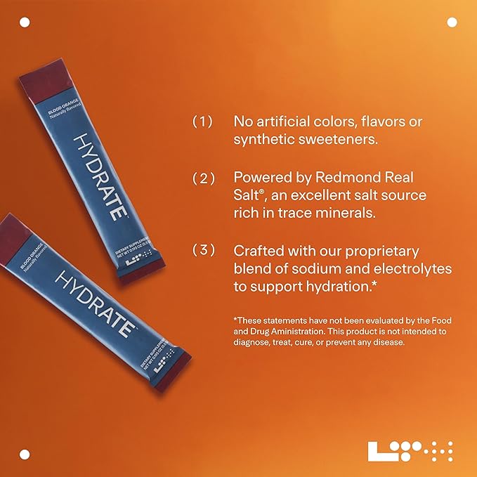 LTH Hydrate Hydration Mix - Trusted by Life Time Fitness Members - NSF Certified for Sport - Electrolyte Powder - Plant-Based, Non-GMO, Gluten Free - 15 Single-Serve Packets (Blood Orange) - 2-Pack