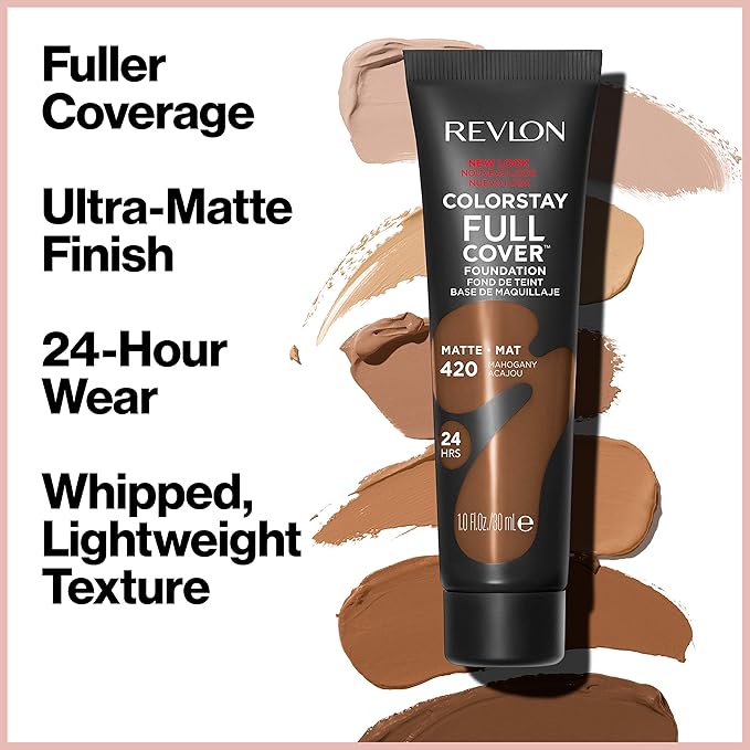 Revlon ColorStay Full Cover Longwear Matte Foundation, Heat & Sweat Resistant Lightweight Face Makeup, Mahogany (420), 1.0 oz