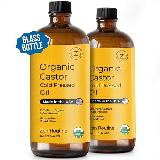 Zen Routine Organic Castor Oil (Glass Bottle - 16oz / 2-Pack) Hexane Free – Hair Growth Oil, Eye Lashes & Stomach, Pure 100% Cold Pressed Unrefined Castor Pack Wrap – USDA Certified, Made in the USA