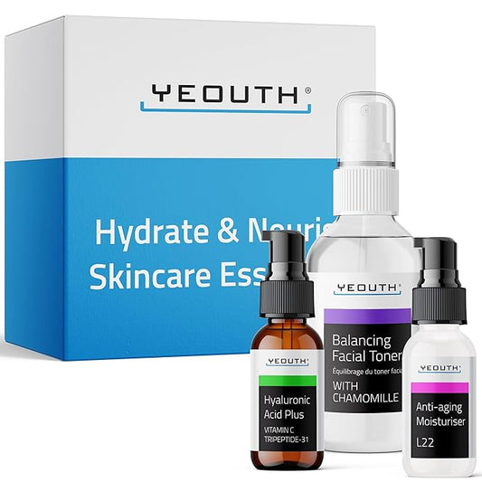 YEOUTH Skin Care Set: Hyaluronic Acid Serum with Vitamin C, Face Toner, Face Moisturizer, Skincare Kit for Hydrating and Smooth Looking Skin, Facial Kit 3-Piece