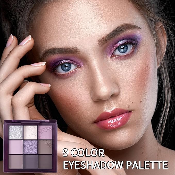 Erinde 9 Colors Eyeshadow Palette, Matte Shimmer Glitter Eye Shadow Palette Makeup, Highly Pigmented Long Lasting Waterproof, Natural Neutral Nude Eyeshadow Make Up Pallet, Purple Dreamscape
