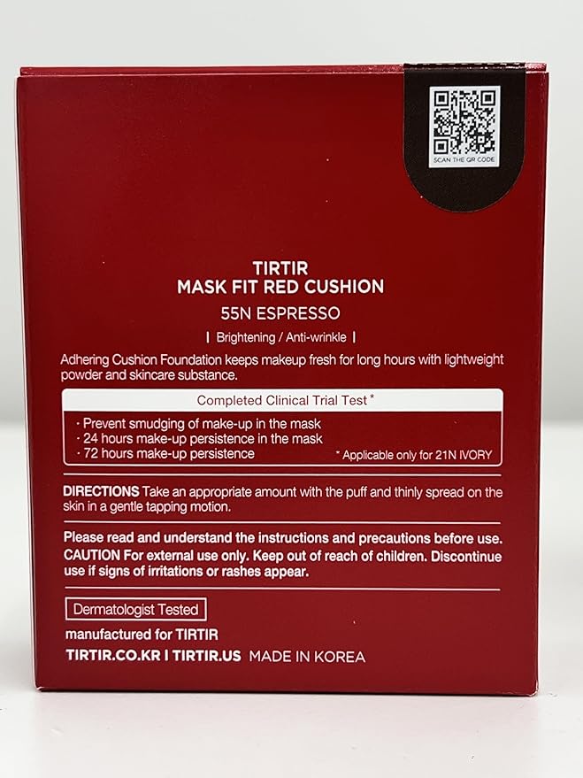 TIRTIR Mask Fit Red Cushion Foundation | Full coverage, Weightless, Skin fit, Satin Glow Finish, Korean Makeup, beauty, Tattoo cover up, Buildable (#55N Espresso, 0.63 Fl Oz)