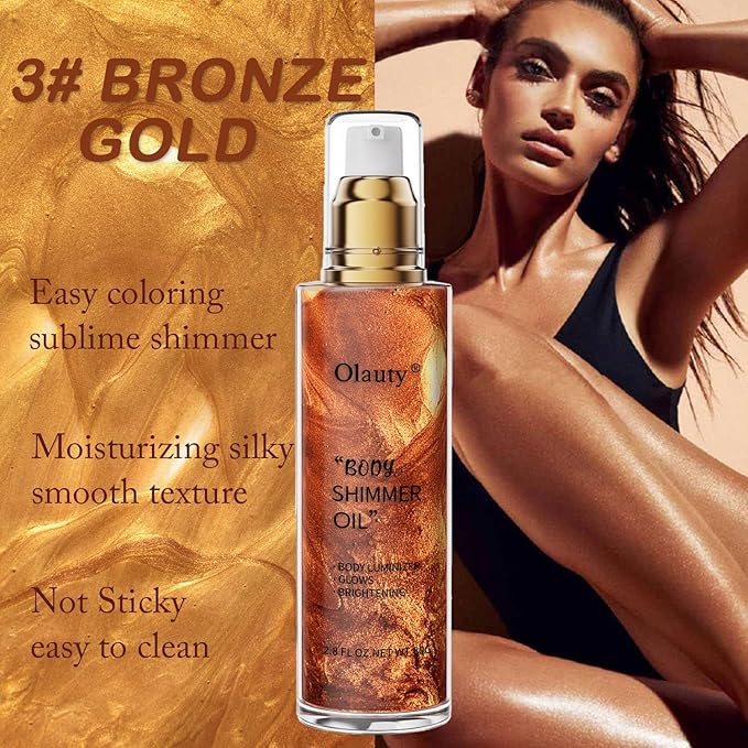 Shimmer Body Oil, Highlighter Makeup Smooth Glitter Glow Liquid Foundation for Face & Body,Liquid Illuminator Body Shimmer Lotion for Women (3# Bronze Gold)