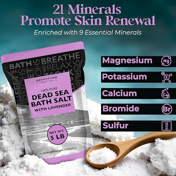 Aromasong Pure Dead Sea Salt for Soaking with 100% Natural Lavender, 5 LB - Spa Bath Salt Fine Grain - Body Wash Scrub - Soak for Women & Men- Bulk Resealable Pack (Packaging May Vary)