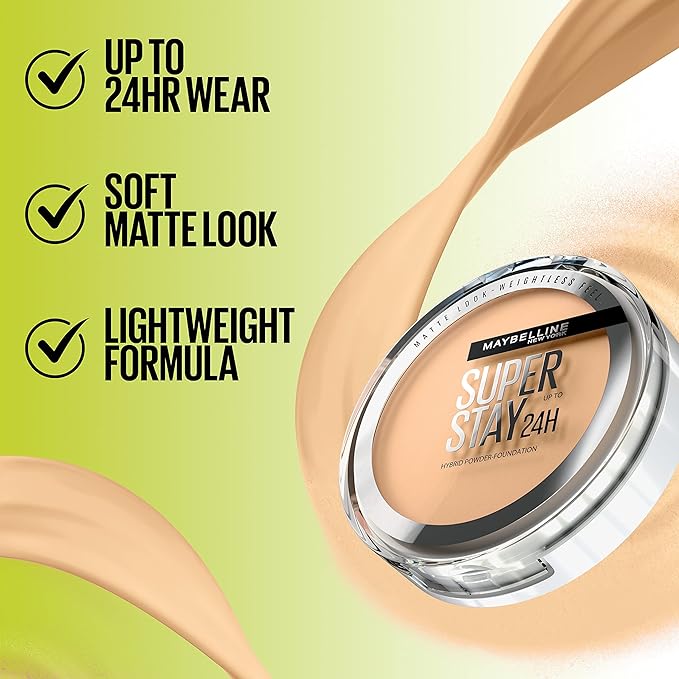Maybelline Super Stay Up to 24HR Hybrid Powder-Foundation, Medium-to-Full Coverage Makeup, Matte Finish, 375, 1 Count