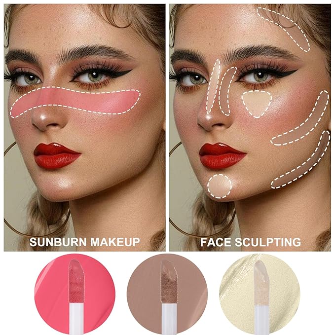 3Pcs Liquid Contour Makeup Trio with Bronzer Shade, Blush, Highlighter for Sculpted Makeup, Matte Finish Liquid Contour Set Easy to Create a Lightweight Look, Longwear Waterproof Formula (4, 7, 12)