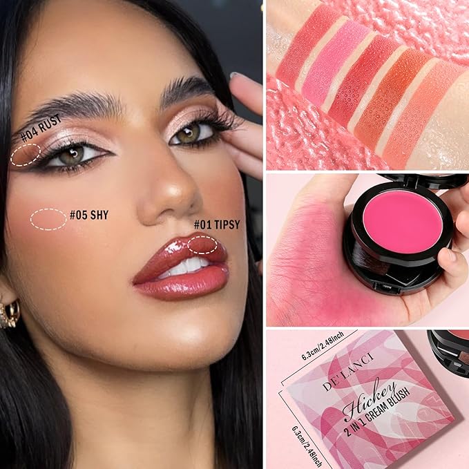 Multi-Purpose Cream Blush for Cheeks & Lip & Eyeshadow, Buildable Lightweight Peach Blush Balm, Ultra Hydrating Cruelty-Free Makeup Blush for Dry/Sensitive Skin, Waterproof Blush, Built-in Brush, Rose