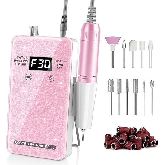 Professional Electric Nail Drill File:COSYGLOW Glitter Portable Cordless E-File Nail Drill Kit with 11 Drill Bits,30000 RPM Rechargeable Nail Drills Machine for Acrylic Nails Gel Polishing (Pink)
