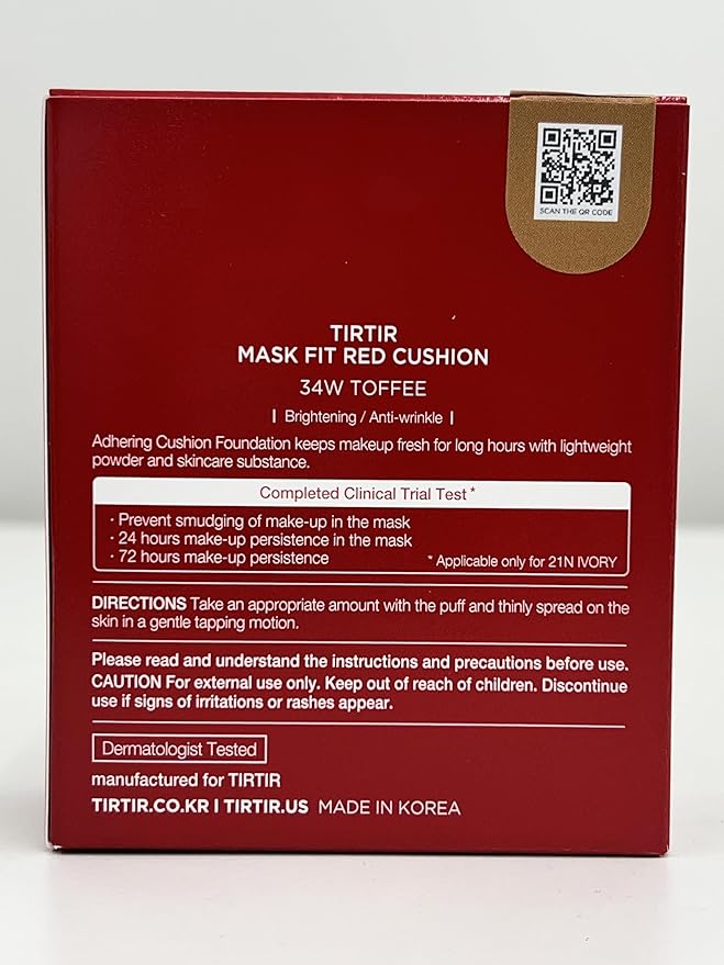 TIRTIR Mask Fit Red Cushion Foundation | Full coverage, Weightless, Skin fit, Satin Glow Finish, Korean Makeup, beauty, Tattoo cover up, Buildable (#34W Toffee, 0.63 Fl Oz)