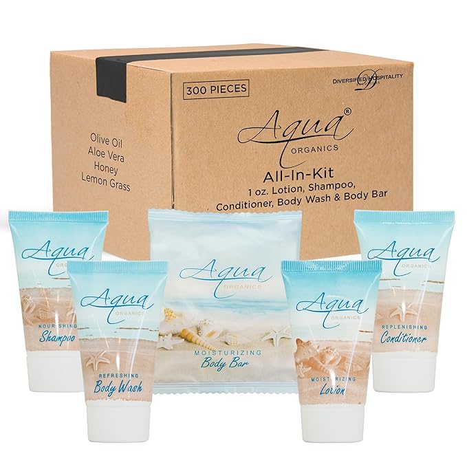 Aqua Organics Hotel Soaps and Toiletries Bulk Set | 1oz Hotel Shampoo & Conditioner, Body Wash, Body Lotion & 1oz Bar Soap Travel Size | 300 Pieces