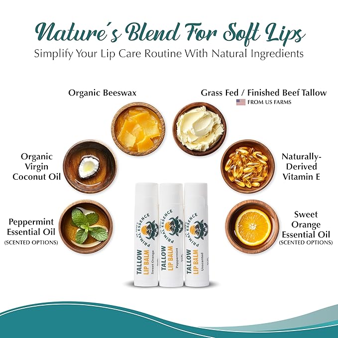 Moisturizing Tallow Lip Balm – Grass-Fed Beef Tallow with Organic Coconut Oil, Beeswax, and Vitamin E – Lip Balm Set – Variety Pack – Travel Essential – 3-Pack