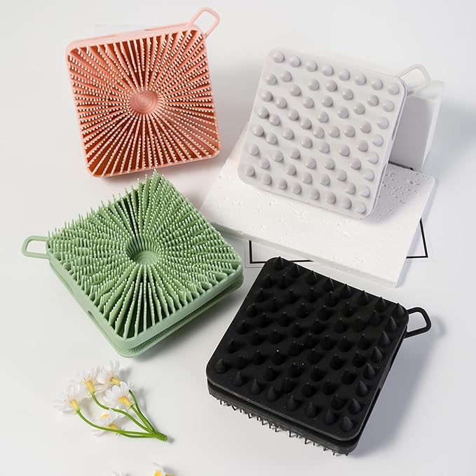 2 PC Silicone Exfoliating Body Scrubber, Silicone Body Shampoo Brush, Soft Silicone Loofah for Sensitive Skin, Shower Silicone Hair Scalp Massager, Easy to Clean, Lather Well(Gray&Pink)