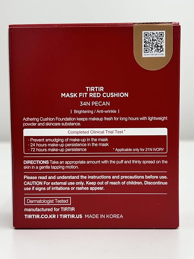 TIRTIR Mask Fit Red Cushion Foundation | Full coverage, Weightless, Skin fit, Satin Glow Finish, Korean Makeup, beauty, Tattoo cover up, Buildable (#34N Pecan, 0.63 Fl Oz)