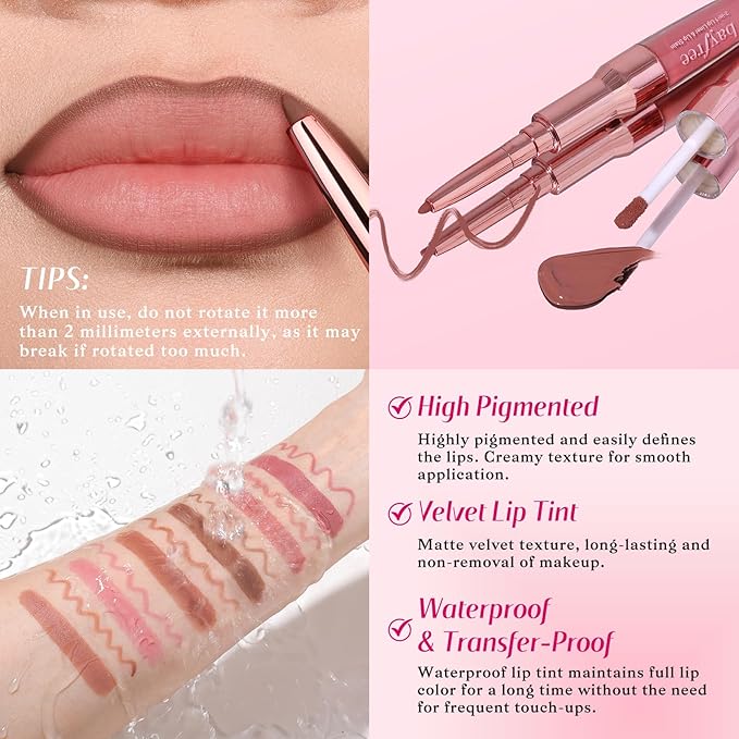 2-IN-1 Lip Liner and Lip Stain, High Pigmented Long Lasting Velvet Lip Tint, Well-Defined Lipliner, Weightless Waterproof Not Animal Tested, Matte Finish Makeup
