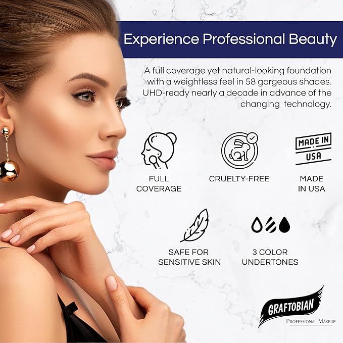 Graftobian HD Glamour Crème Foundation 1/2oz, Weightless Full Coverage Makeup, 65 Inclusive Shades, For All Skin Types, Natural or Full-Glam Looks, For Professionals and Beginners, Sienna