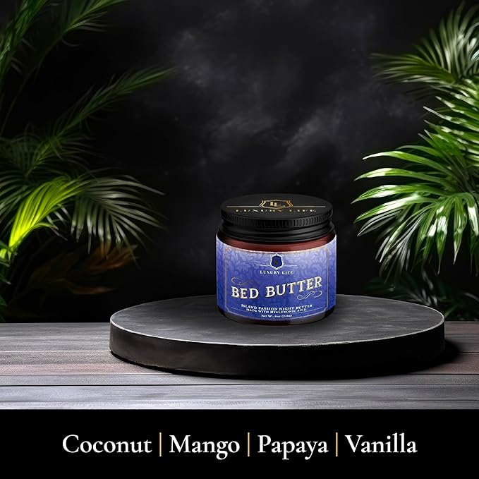LUXURY LIFE Bed Butter - Irresistibly Fragranced Mood-Enticing Butter Infused with Hyaluronic Acid. Extra Rich Calming Nighttime Moisturizer for Sensual Stimulating Experience (Island Passion, 8 oz)