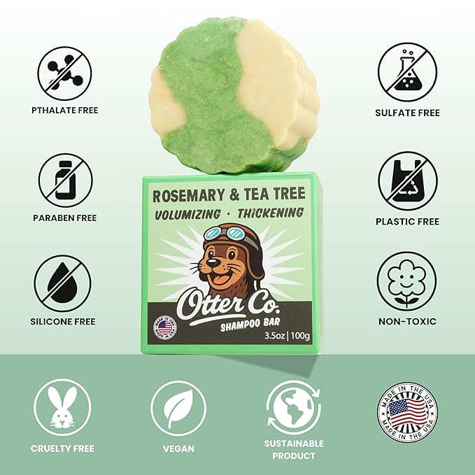 Otter co. Tea Tree and Rosemary Volumizing and Thickening Shampoo Bar - Olive Oil, Green Tea, Nettle, Zinc – Vegan, Sulfate Free & Non Toxic – Women and Mens Shampoo, All Hair Types, Made in USA