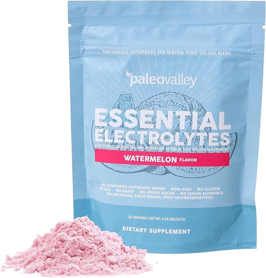 Paleovalley Essential Electrolytes Powder - Full Spectrum Watermelon Electrolyte Powder for Hydration, Energy and Muscle Recovery - No Sugar Added - 28 Servings