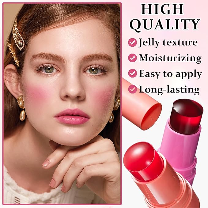 4PCS Cooling Water Jelly Tint Blush Stick for Cheeks,Multi-use Jelly Lip and Cheek Tint Stain,Moisturizing Natural Jelly Blush Stick,Buildable Watercolor Finish - Cruelty Free