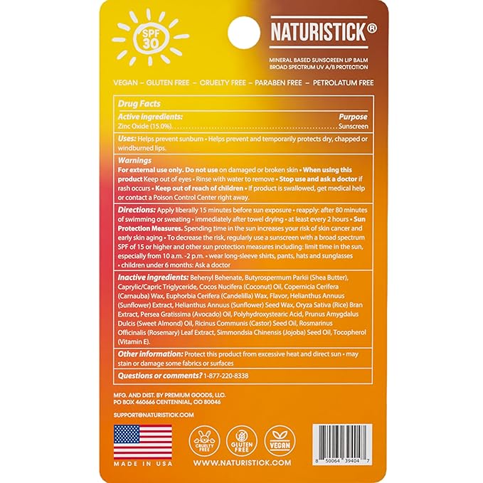 Naturistick SPF 30 Vegan Lip Balm – Mineral Sunscreen with Zinc Oxide | Broad Spectrum UVA/UVB | 100% Natural, Coral-Friendly Formula | 5-Pk Raspberry, Coconut, Cherry, Citrus, Spearmint | Made in USA