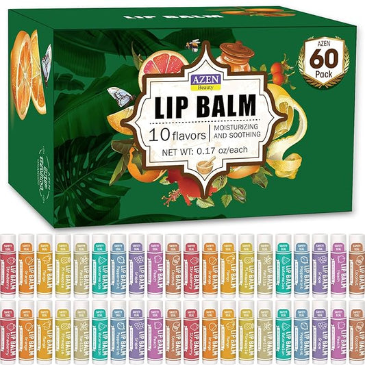 AZEN 60 Pack Lip Balm, Natural Lip Balm Bulk, Lip Care Product, Moisturizing Lip Balm for dry cracked lips - 10 Flavors