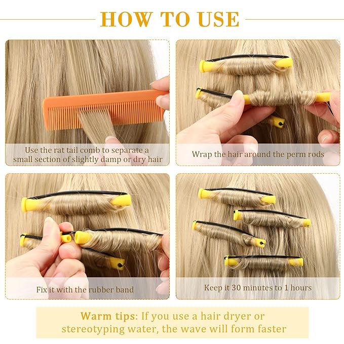 48 Pieces Hair Perm Rods Short Cold Wave Rods Plastic Perming Irons Hair Curling Rollers Curlers with Steel Pintail Comb Rat Tail Comb for Hairdressing Styling Supplies(0.28 Inch,Yellow and Orange)