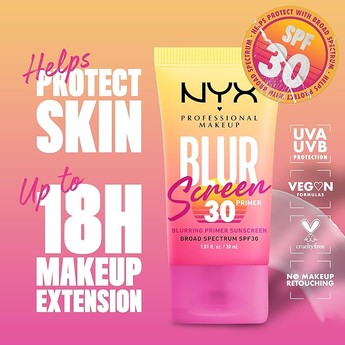 NYX PROFESSIONAL MAKEUP Blurscreen SPF 30 Primer, 3-in-1 Blurring Makeup Primer with Sunscreen, Vegan Formula with No White Cast or Greasy Feeling