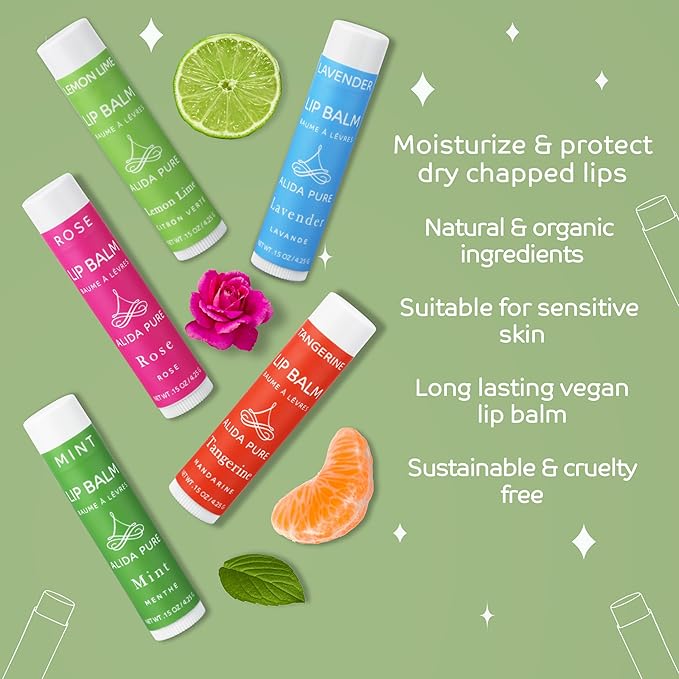 Aria Lip Balm Collection, Vegan Lip Balm Set, Beeswax Free, with Avocado Oil, Organic Jojoba Oil, and Vitamin E, Natural Moisturizer for Dry, Chapped Lips, 5 Tube Set