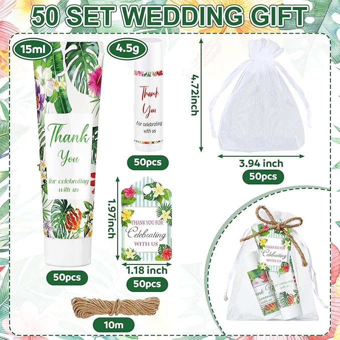 200 Pcs Baby Shower Wedding Party Favors Gift Set, 50 Pcs Baby Shower Hand Cream and 50 Lip Balm for Wedding Bridesmaid Guests Gift Supplies with 50 Organza Bag 50 Thank You Tag(Tropical)
