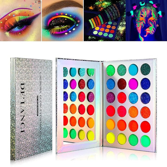 DE'LANCI Neon Eyeshadow Palette Glow in the Dark, Aurora Glow Eyeshadow Pallets Stage, Halloween Christmas Makeup Kit UV Blacklight Matte and Glitter Fluorescent Eye Shadows Highly Pigment