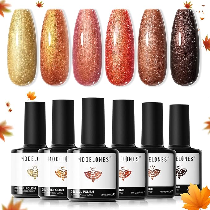 modelones Chameleon Gel Nail Polish Set, 6 Colors Fall Gel Polish Kit Glitter Shimmer Brown Orange Yellow Soak Off LED Nail Lamp Home Gift DIY Salon For Women Girl