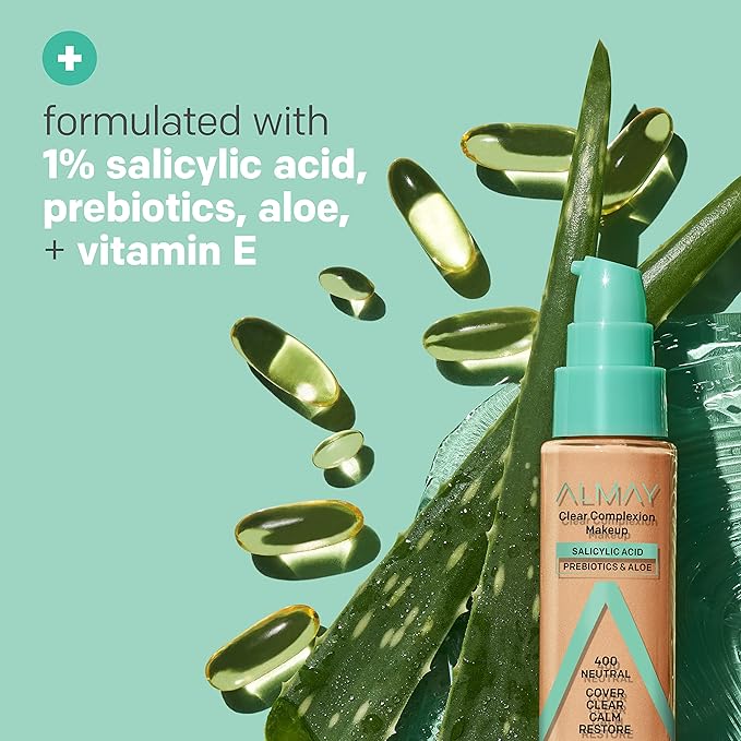 Almay Clear Complexion Acne Foundation Makeup with Salicylic Acid - Lightweight, Medium Coverage, Hypoallergenic-Fragrance Free, for Sensitive Skin , 100 Ivory, 1 fl oz.