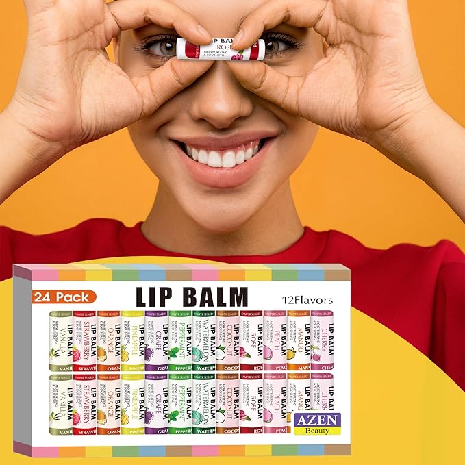 AZEN 24 Pack Lip Balm Stocking, Natural Lip Balm Bulk, Moisturizing Lip Balm for Dry Lips