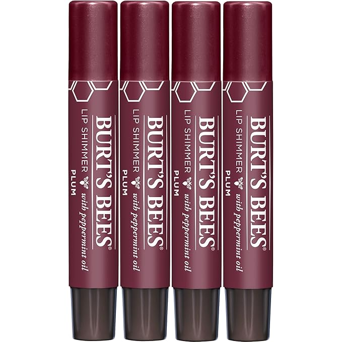 Burt's Bees Shimmer Lip Tint Set, Tinted Lip Balm Stick, Moisturizing for All Day Hydration with Natural Origin Glowy Pigmented Finish & Buildable Color, Plum (4-Pack)