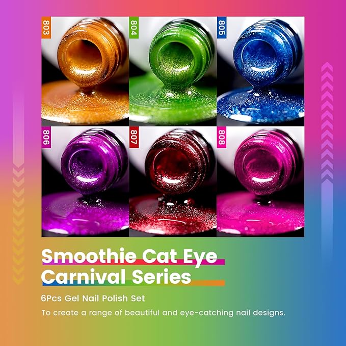 RARJSM 9D Neon Cat Eye Gel Nail Polish Set 6 Colors Velvet Silver Glitter Bright Orange Blue Red Green Rose Purple Ice Gel Polish with Magnet Stick UV LED Curing Requires Soak Off Home Salon Diy