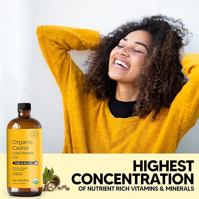 Zen Routine Organic Castor Oil (Glass Bottle - 16oz / 2-Pack) Hexane Free – Hair Growth Oil, Eye Lashes & Stomach, Pure 100% Cold Pressed Unrefined Castor Pack Wrap – USDA Certified, Made in the USA