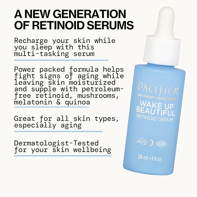 Pacifica Retinol Serum for Face - Wake Up Beautiful Retinoid Night Face Serum - Anti-Aging Skin Care & Skin Brightening - Retinol, Collagen & Antioxidants Vegan & Cruelty-Free Dermatologist Tested