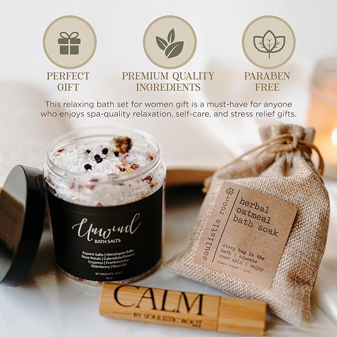 Relaxing Bath Gift Set, Luxury Spa Gifts for Women, Self Care Products for Women and Men, Calm Essential Oil Roller, Oatmeal Lavender Bath Soak & Epsom Salts with Essential Oils