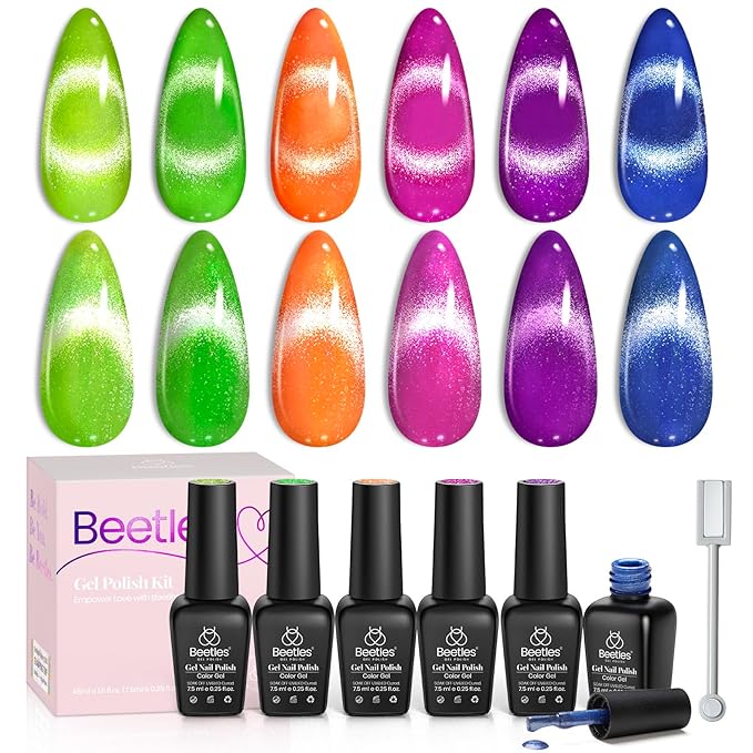 Beetles Cat Eye Gel Nail Polish Set, 6 Colors Summer Neon Holographic Glitter Gel Polish Kit Hot Pink Orange Purple Blue Green Magnetic Nail Polish Soak Off UV French Nail Art Gift for Women