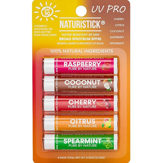 Naturistick SPF 30 Vegan Lip Balm – Mineral Sunscreen with Zinc Oxide | Broad Spectrum UVA/UVB | 100% Natural, Coral-Friendly Formula | 5-Pk Raspberry, Coconut, Cherry, Citrus, Spearmint | Made in USA