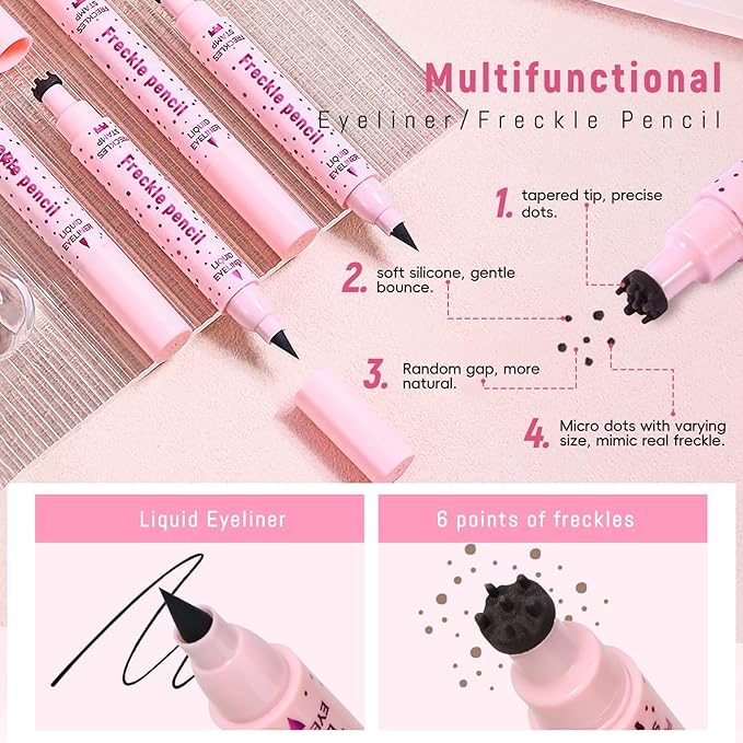 Freckle Stamp with Eyeliner Pen 2 in 1 for Natural Lifelike Faux Freckle Waterproof Fake Freckles Stain Marker for Sunkissed Makeup #Espresso&Black