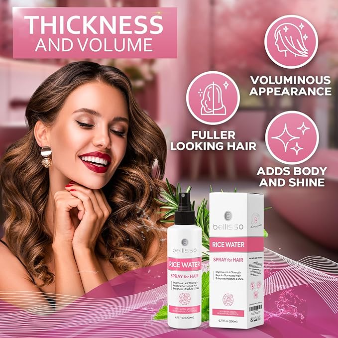Rice Water Spray for Hair - With Rosemary, Biotin and Castor Oil - Tonic for Women and Men with Thinning Hair - Fermented Thickening Treatment to Fight Hair Fall - Daily Strengthening Leave In Formula
