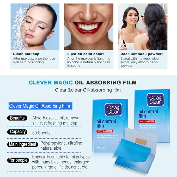 Premium Oil Control Film,Same Series with Clean&Clear Oil Absorbing Sheets,180Sheets/3Pack Larger Oil Blotting Sheets for Face,Makeup Friendly High-performance Handy Face Blotting Paper for Oily Skin