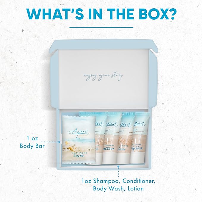 1-Shoppe All-In-Kit|Aqua Organics Amenity Kit|Boxed Hotel Toiletries|Bulk Set 1oz Travel Size Shampoo,Conditioner,Lotion,Body Wash & Bar Soap for Guest Hospitality AirBnB/Vacation Rentals|5 Pieces