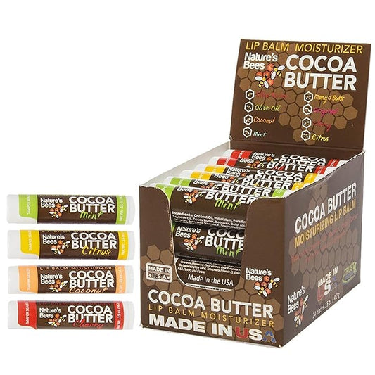 Nature's Bees - Cocoa Butter Lip Balm Moisturizer - Tropical 24 Pack, 4 Flavors - Citrus, Coconut, Cherry, & Mint - Made w/Coconut Oil, Beeswax, Vitamin E, Aloe, Shea Butter - 0.15oz (4.2g)