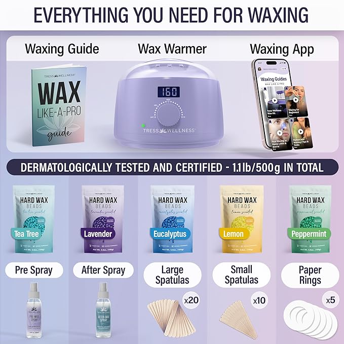 Tress Wellness Waxing Kit for Sensitive Skin – Safe for Face & Skin, Prep & Aftercare Spray, Easy to Use – At-Home Kit for Face, Bikini, Brazilian & Full Body - Digital Display, Purple