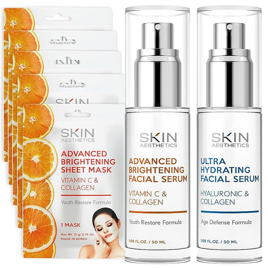 Serum & Face Mask Set, Vitamin C & Collagen & Hyaluronic Acid Value Set - Anti-Aging, Hydrating - Clean Beauty Ingredients, Cruelty-Free Korean Skin Care - Set of 3